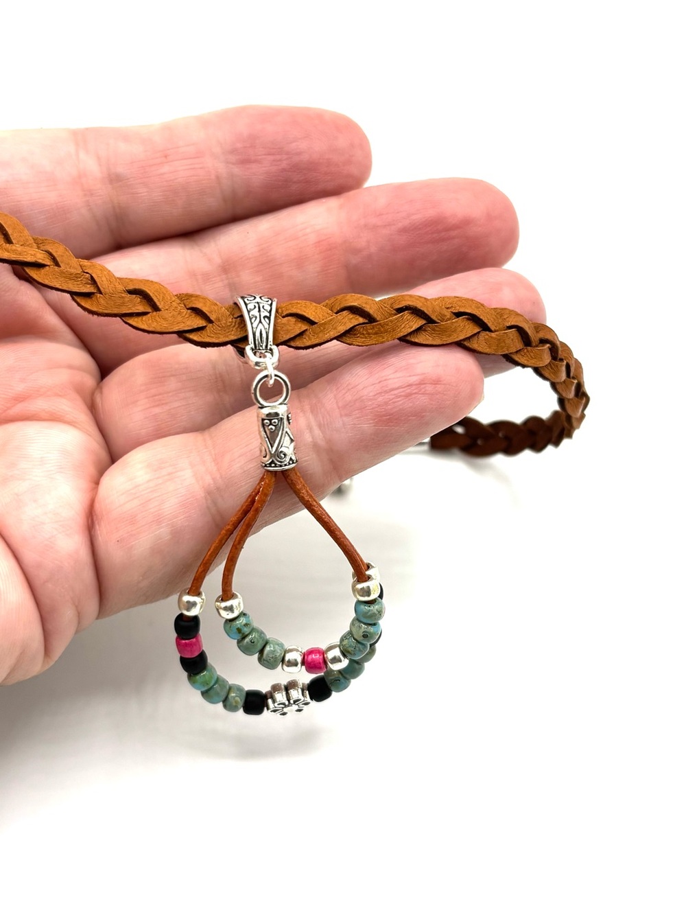 Hand Crafted Braided Brown Leather Choker Necklace Multicolor Beaded Pendant - Picture 8 of 9